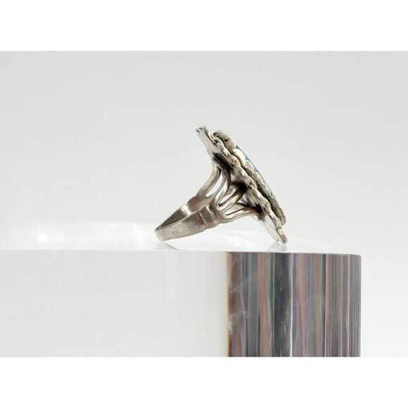 Turquoise Oval Southwest Sterling Vintage Scalloped Navajo Ring - sz 5.25 - Picture 3 of 9